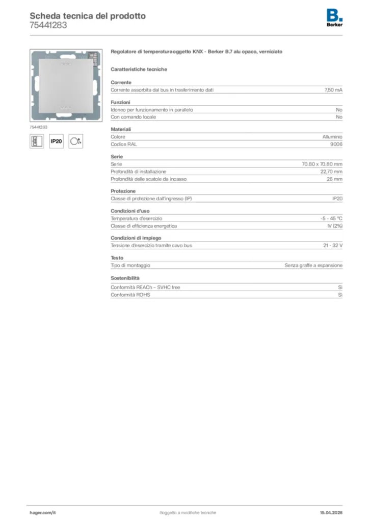 Immagine Berker Scheda tecnica del prodotto 75441283 | Hager Italia