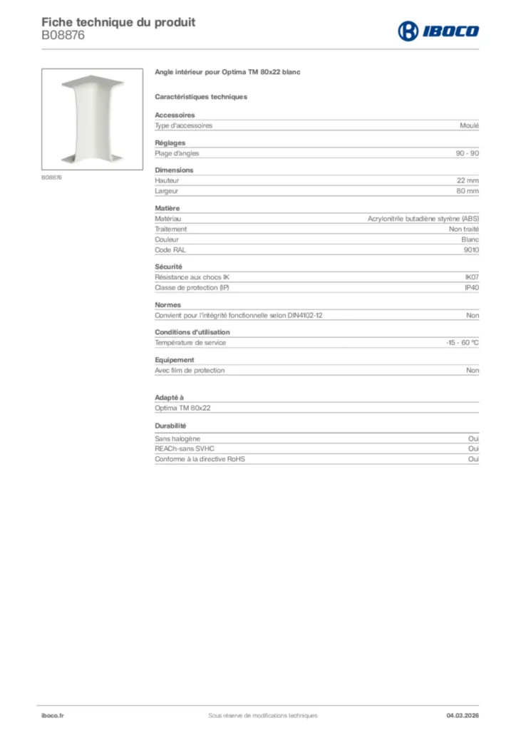 Image Iboco Fiche technique du produit B08876 | Hager France