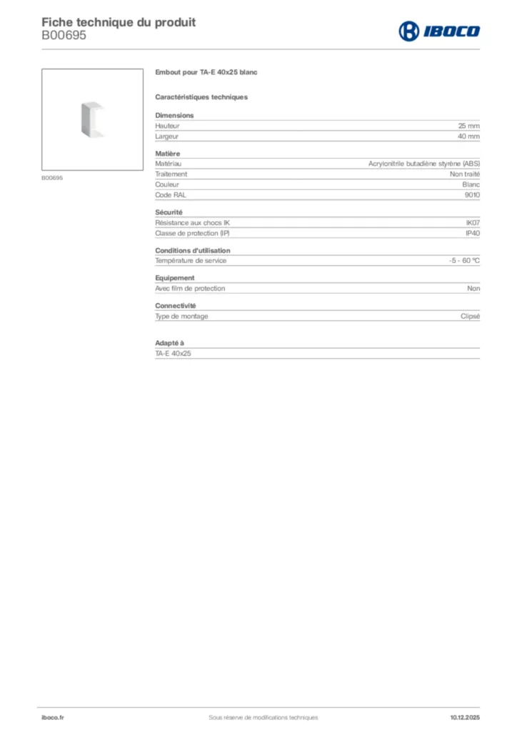 Image Iboco Fiche technique du produit B00695 | Hager France