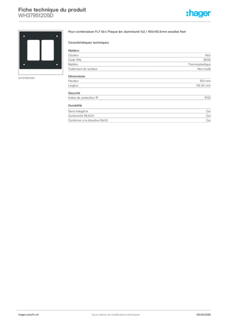 Image Hager Fiche technique du produit WH37951205D | Hager Suisse