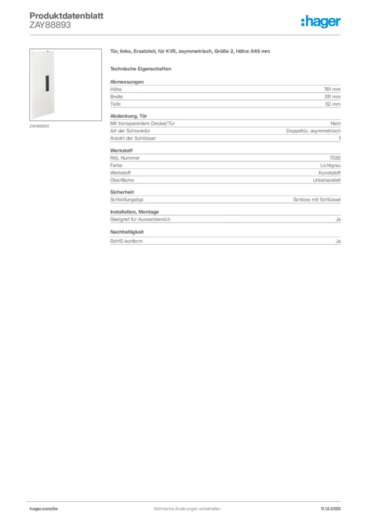 Bild Hager Produktdatenblatt ZAY88893 | Hager Deutschland