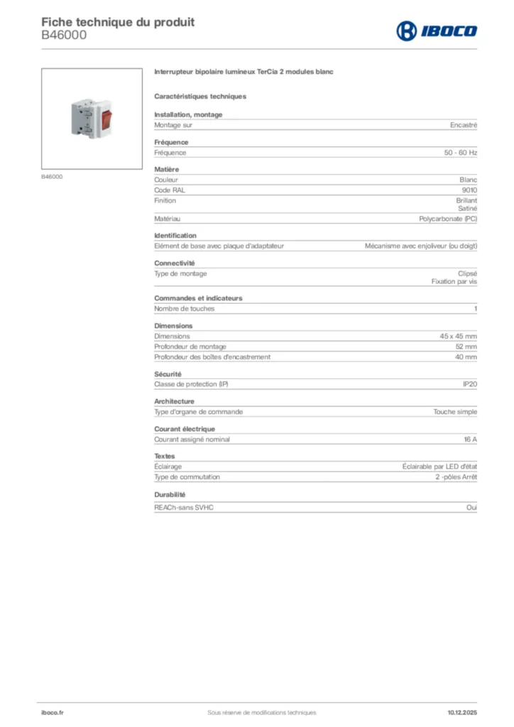 Image Iboco Fiche technique du produit B46000 | Hager France