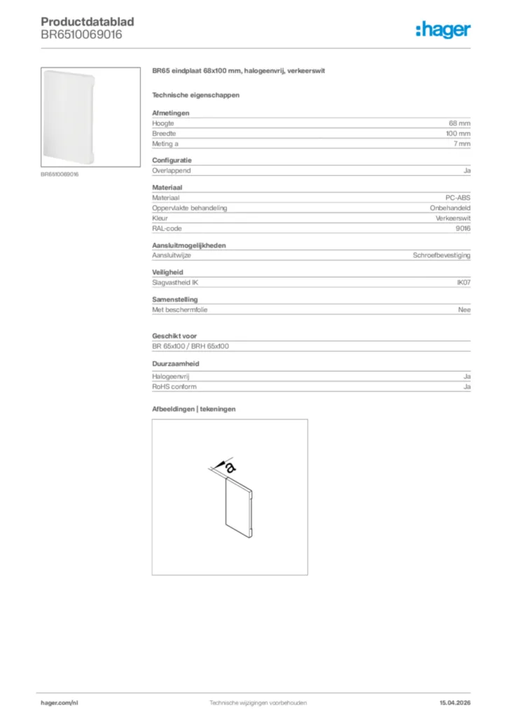 Afbeelding Hager Productdatablad BR6510069016 | Hager Nederland