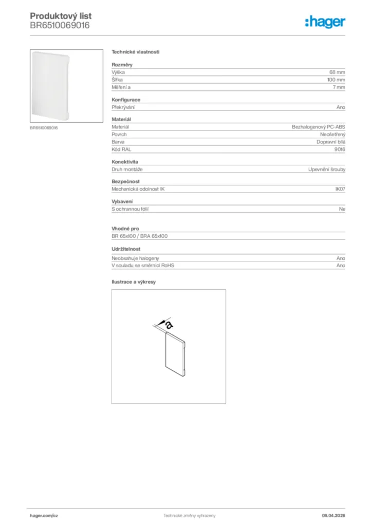 Obrázek Hager Product data sheet BR6510069016 | Hager