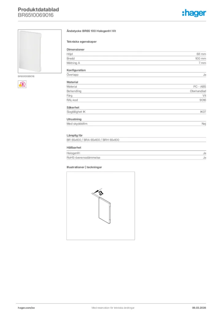 Bild Hager Produktdatablad BR6510069016 | Hager Sverige