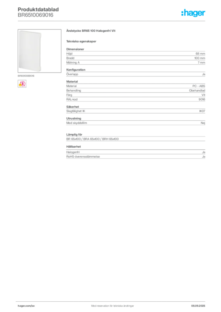 Bild Hager Produktdatablad BR6510069016 | Hager Sverige