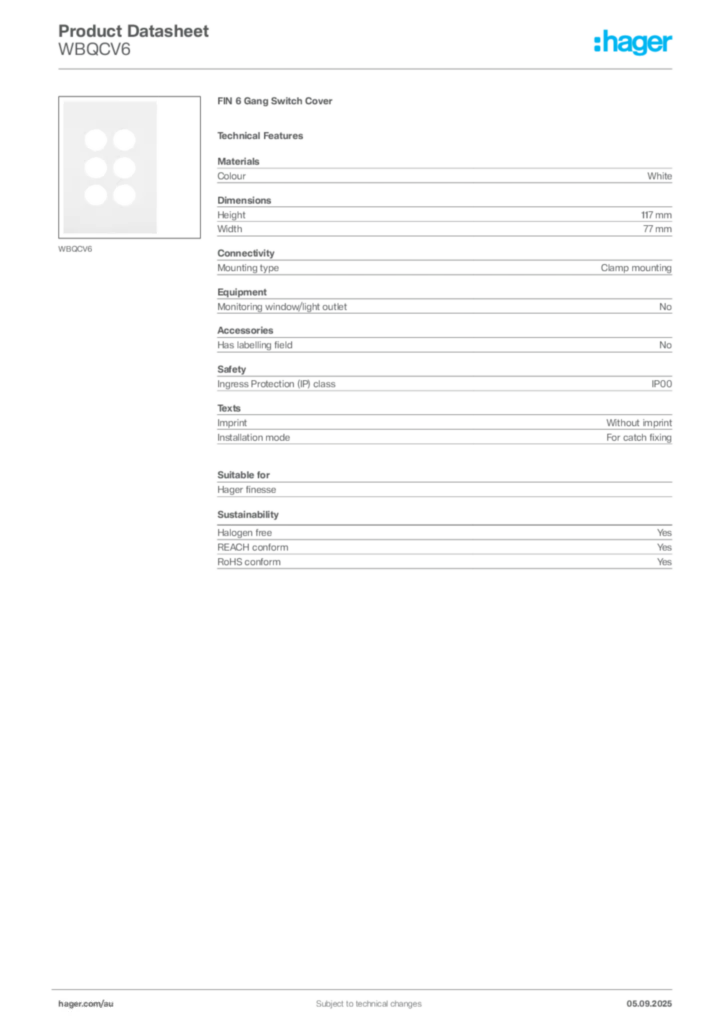 Image Hager Product data sheet WBQCV6  | Hager Australia