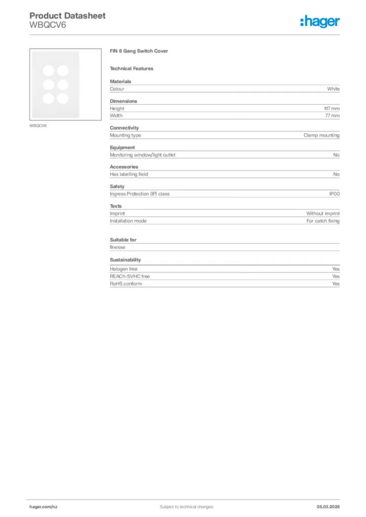 Image Hager Product data sheet WBQCV6  | Hager New Zealand