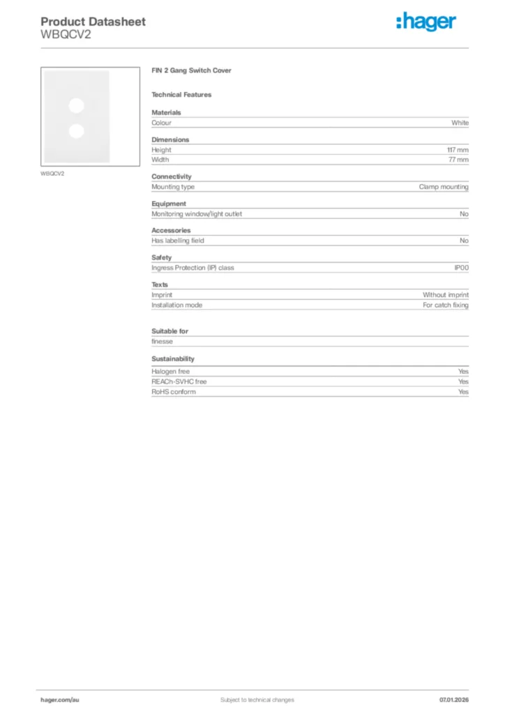 Image Hager Product data sheet WBQCV2  | Hager Australia