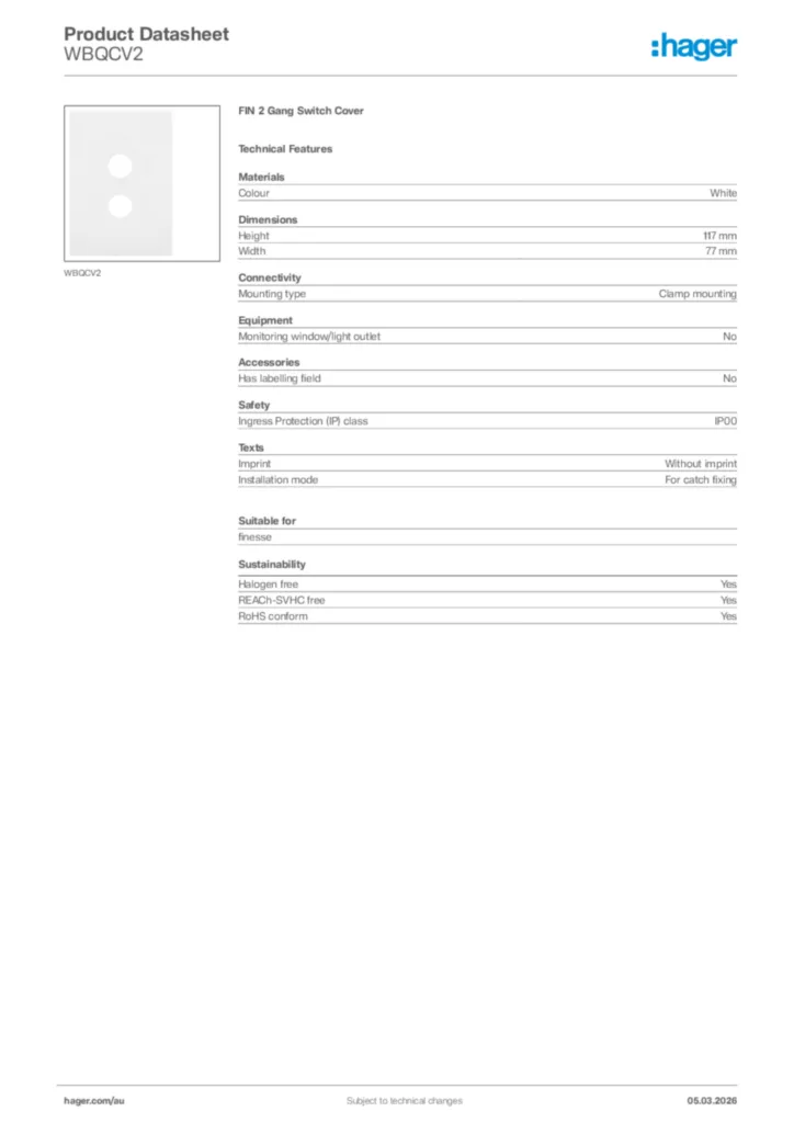 Image Hager Product data sheet WBQCV2  | Hager Australia