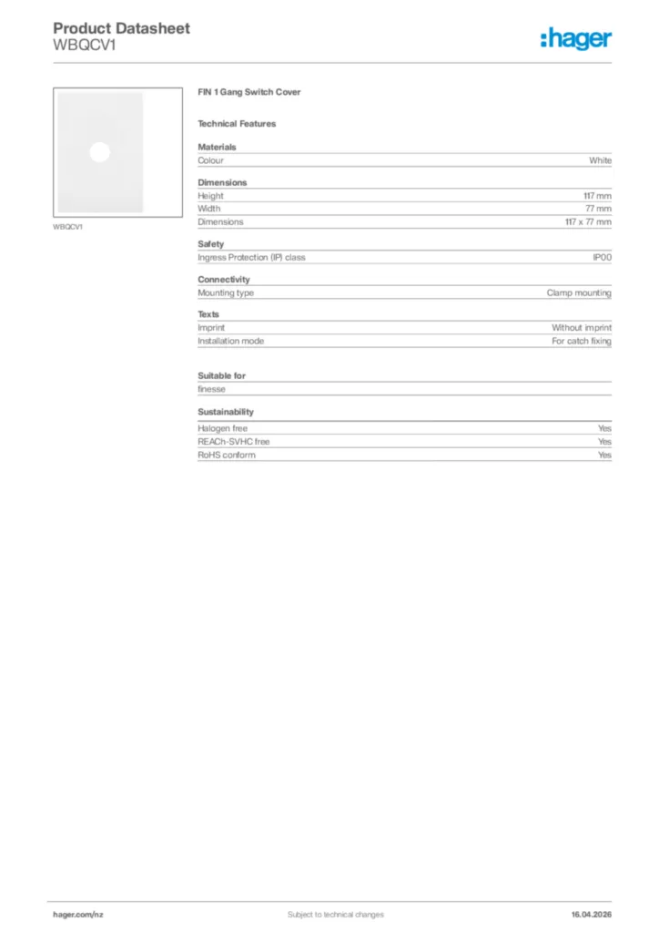 Image Hager Product data sheet WBQCV1  | Hager New Zealand