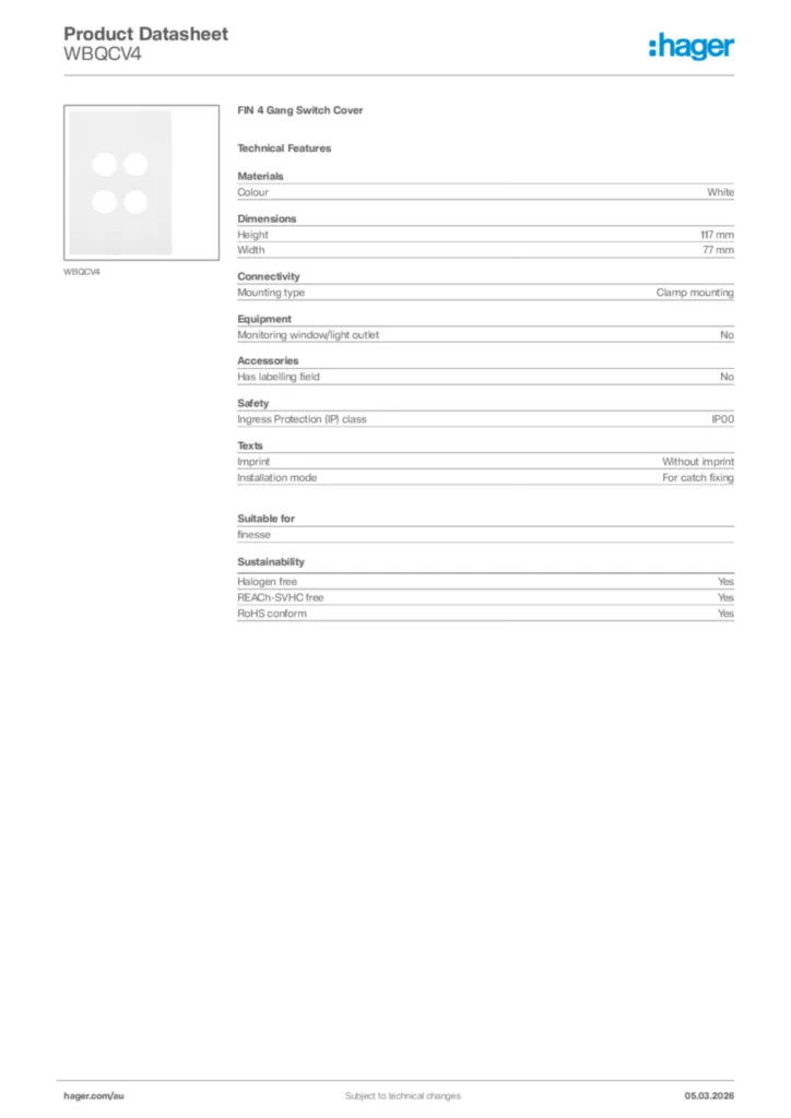Image Hager Product data sheet WBQCV4  | Hager Australia