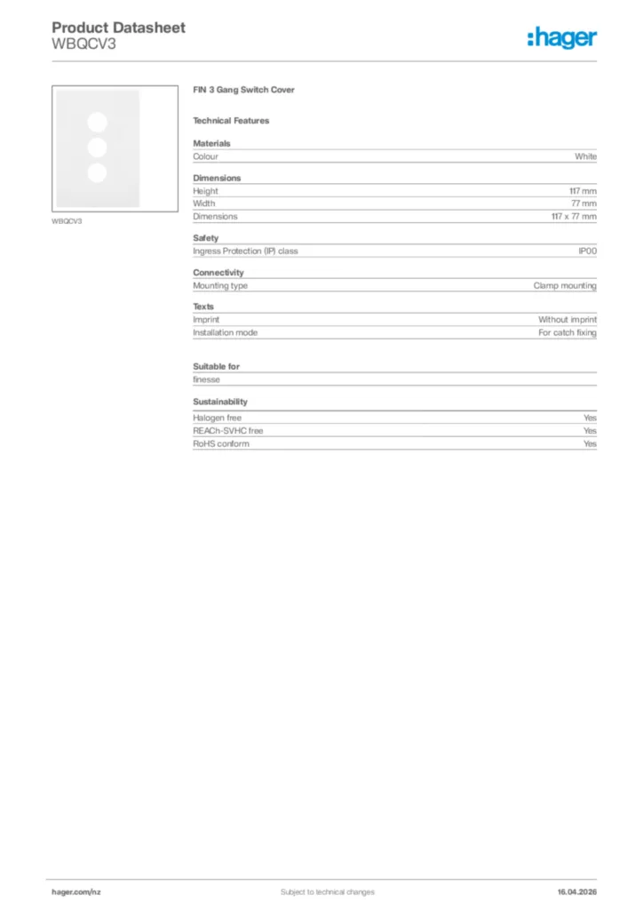 Image Hager Product data sheet WBQCV3  | Hager New Zealand