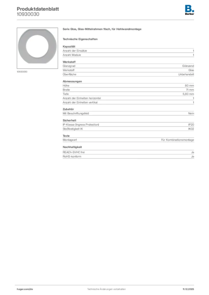 Bild Berker Produktdatenblatt 10930030 | Hager Deutschland