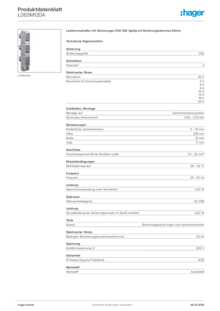 Bild Hager Produktdatenblatt L063M120A | Hager Deutschland