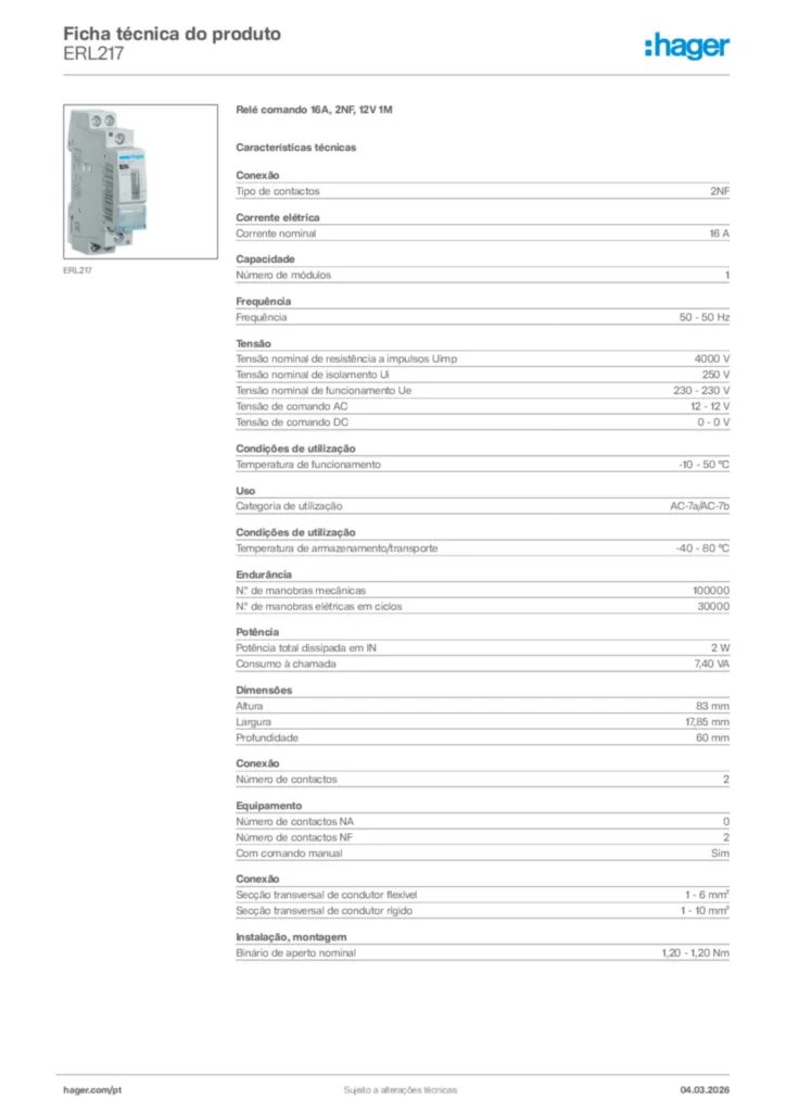 Imagem Hager Ficha técnica do produto ERL217 | Hager Portugal