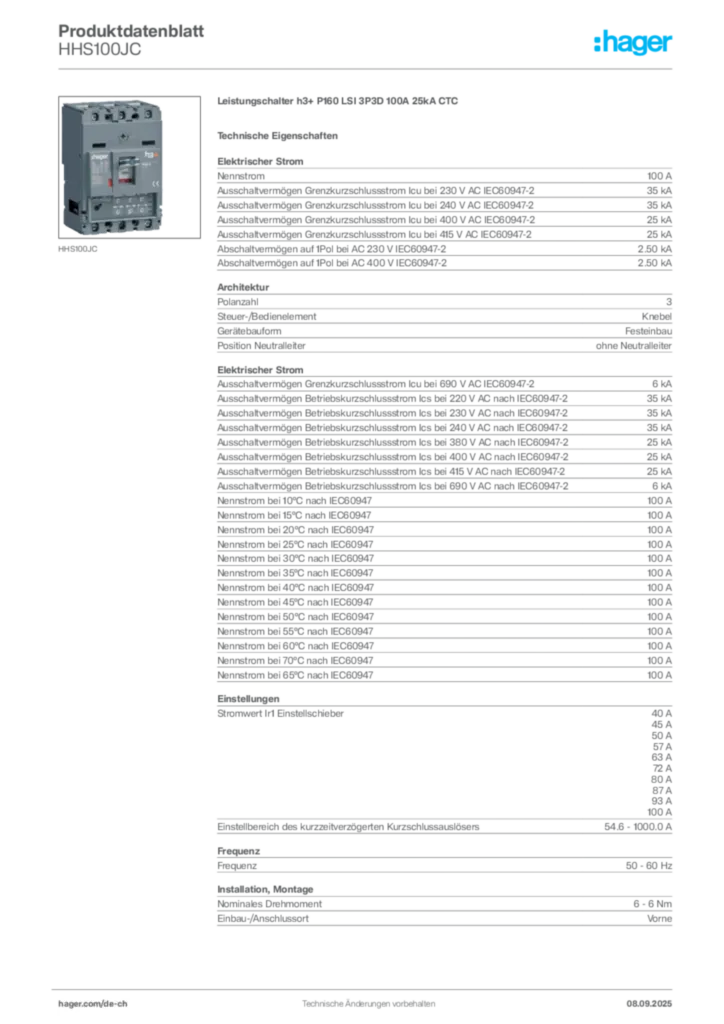 Bild Hager Produktdatenblatt HHS100JC | Hager Schweiz