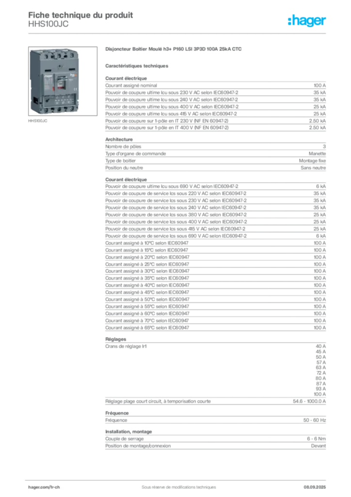 Image Hager Fiche technique du produit HHS100JC | Hager Suisse