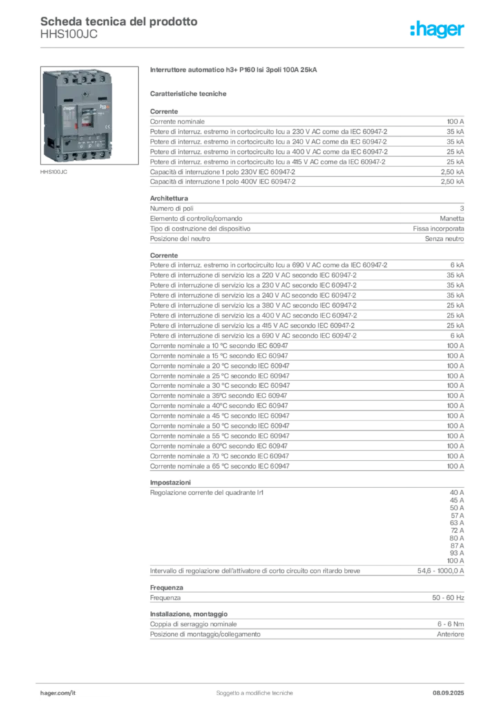 Immagine Hager Scheda tecnica del prodotto HHS100JC | Hager Italia