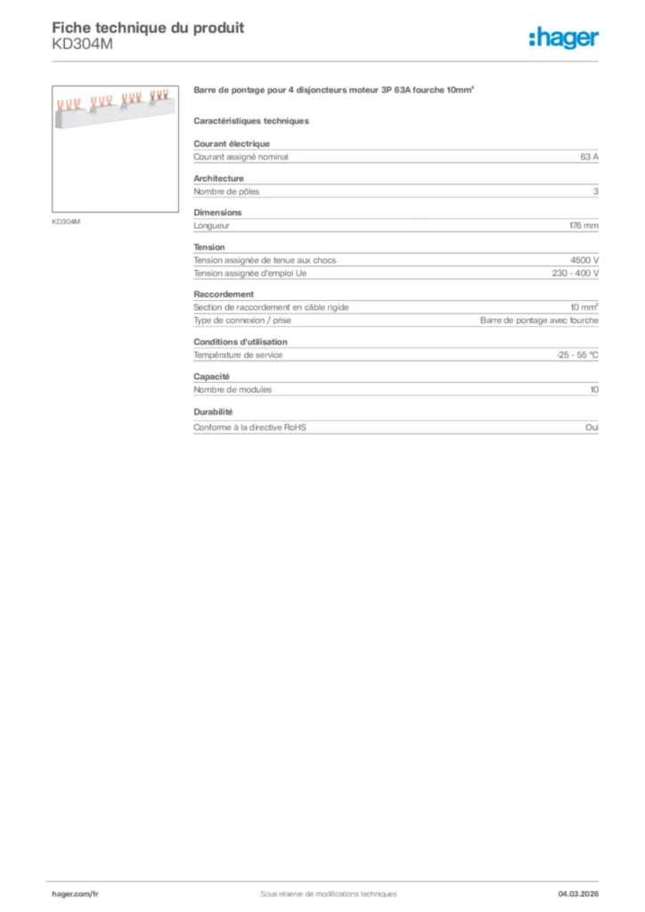 Image Hager Fiche technique du produit KD304M | Hager France