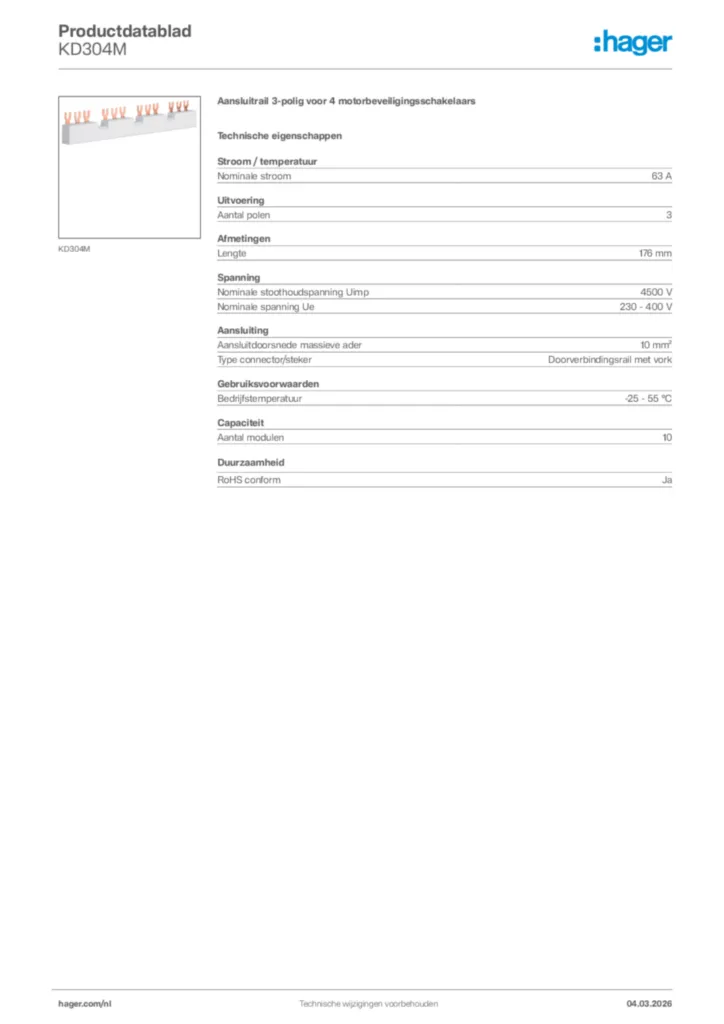 Afbeelding Hager Productdatablad KD304M | Hager Nederland