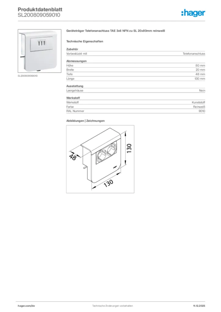 Bild Hager Produktdatenblatt SL200809059010 | Hager Deutschland