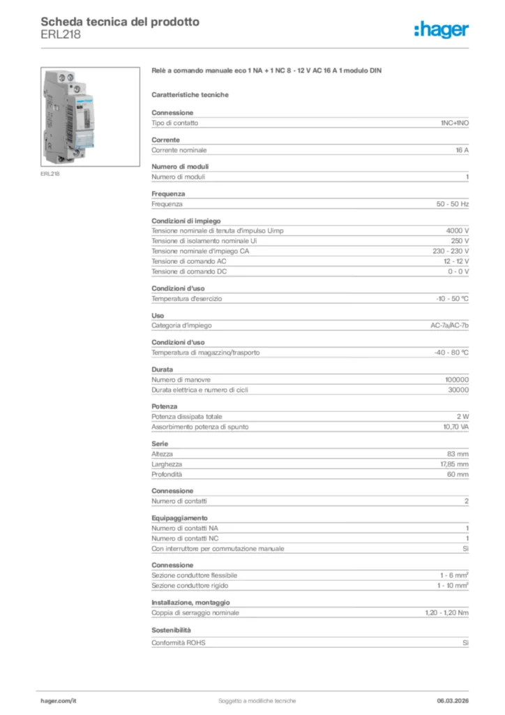 Immagine Hager Scheda tecnica del prodotto ERL218 | Hager Italia