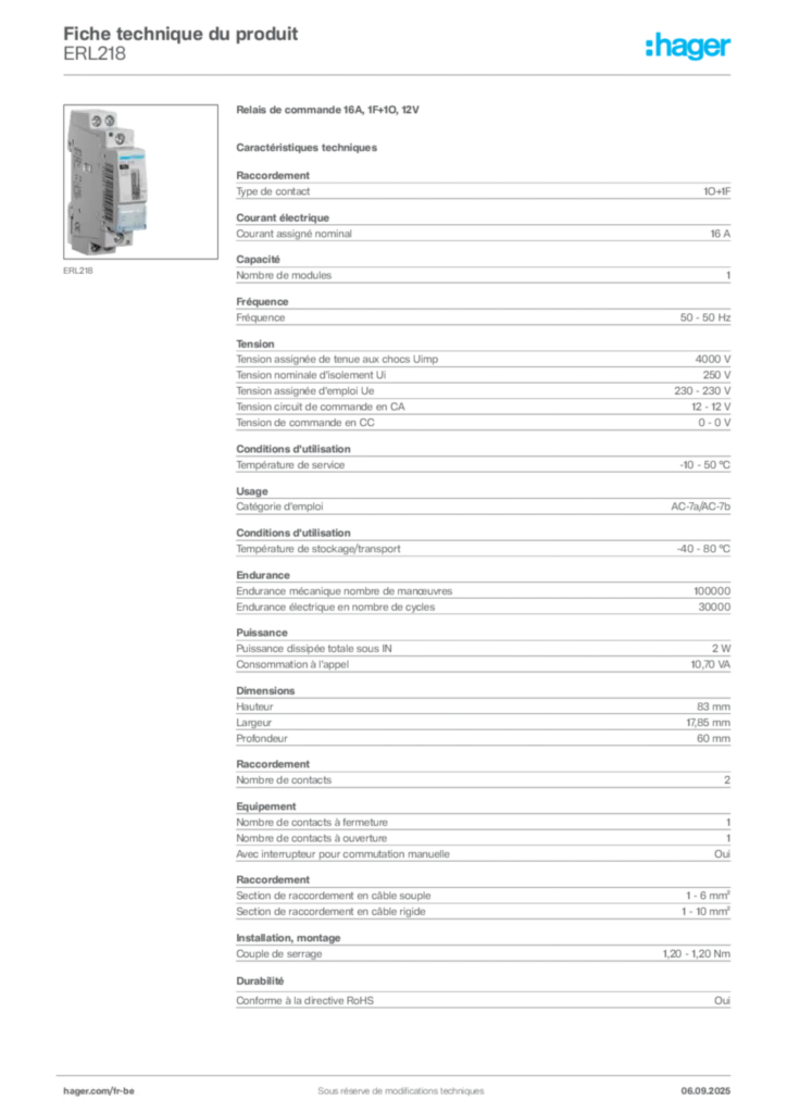 Image Hager Fiche technique du produit ERL218 | Hager Belgique