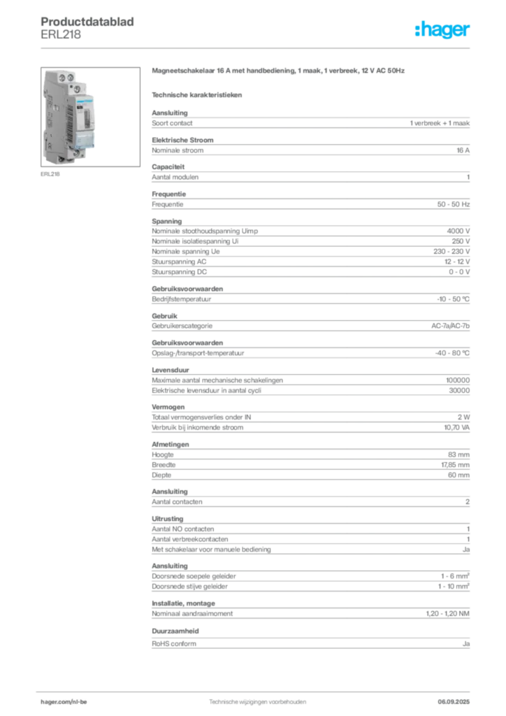 Afbeelding Hager Productdatablad ERL218 | Hager Belgium