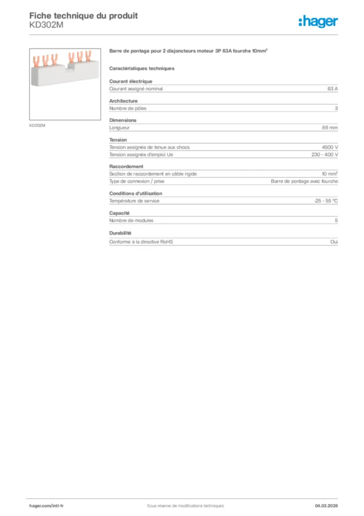 Image Hager Fiche technique du produit KD302M | Hager Afrique