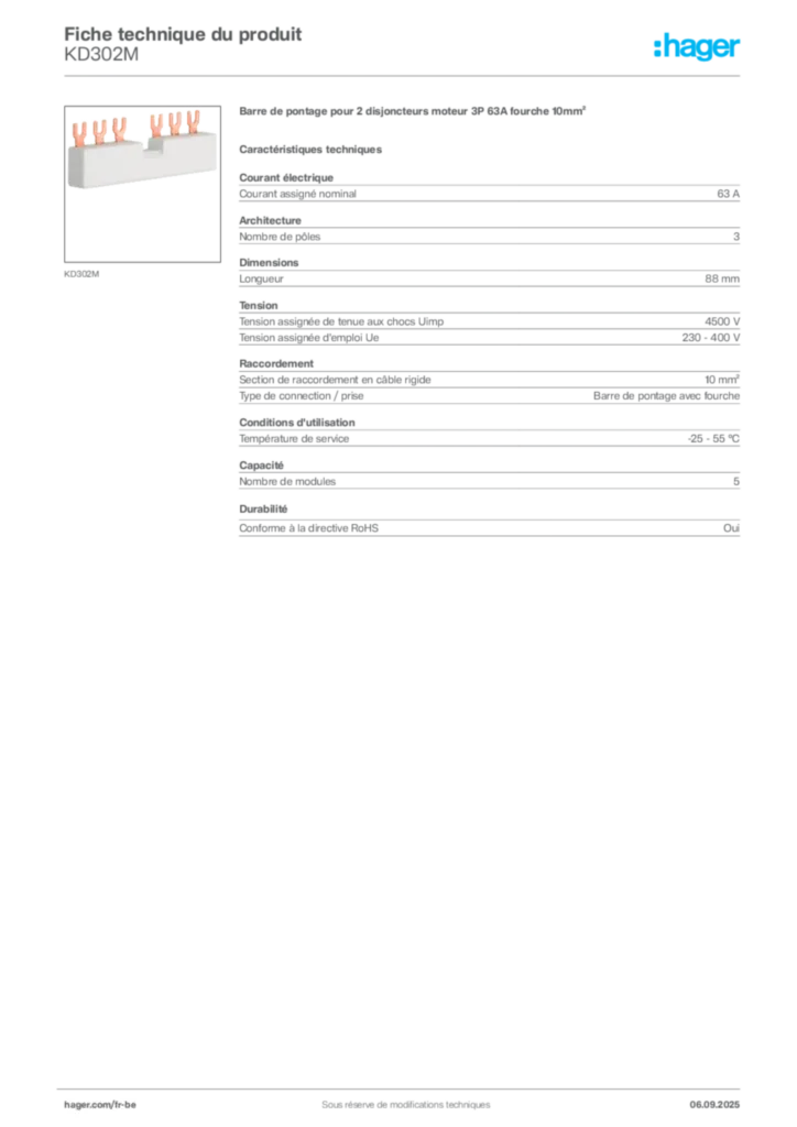 Image Hager Fiche technique du produit KD302M | Hager Belgique