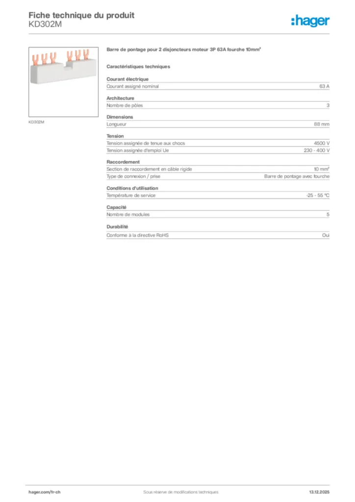 Image Hager Fiche technique du produit KD302M | Hager Suisse