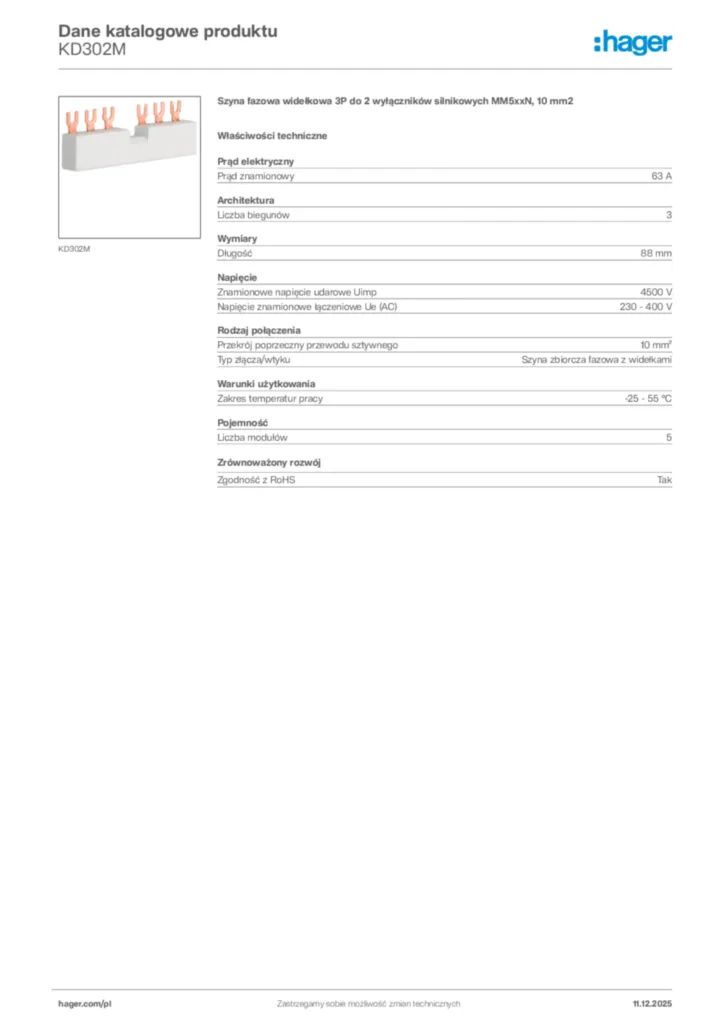 Zdjęcie Hager Dane katalogowe produktu KD302M | Hager Polska