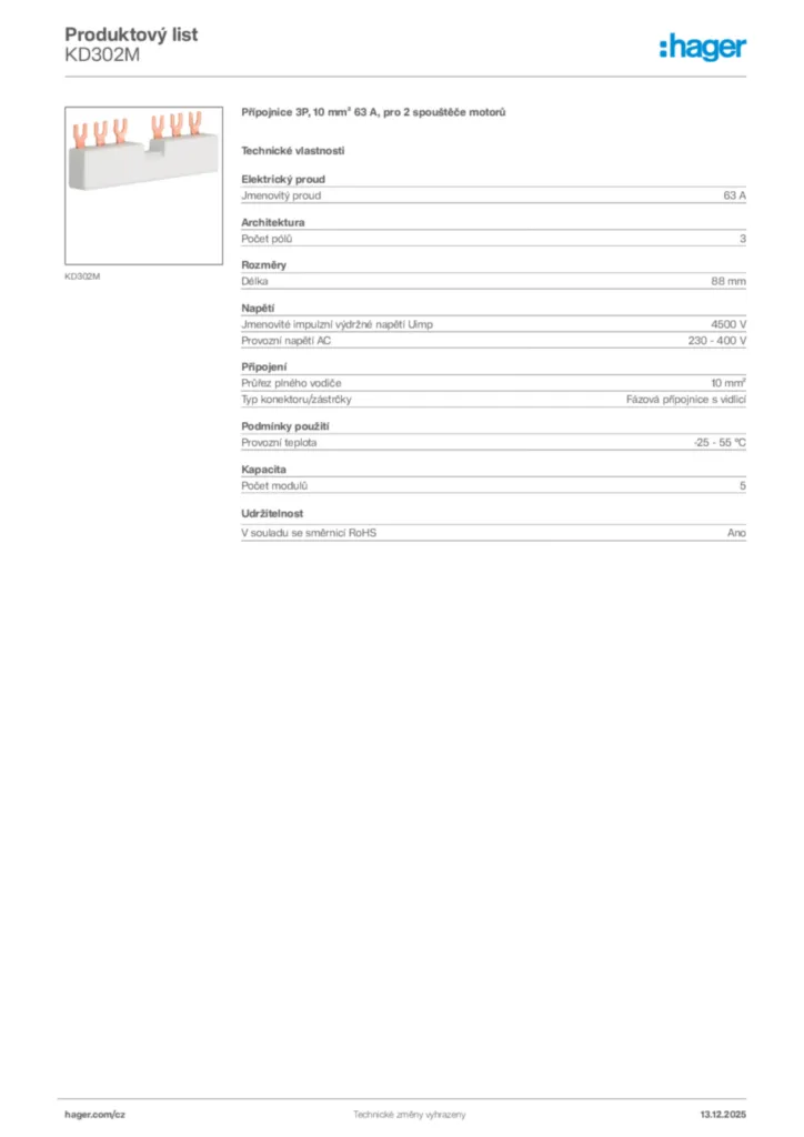 Obrázek Hager Produktový list KD302M | Hager
