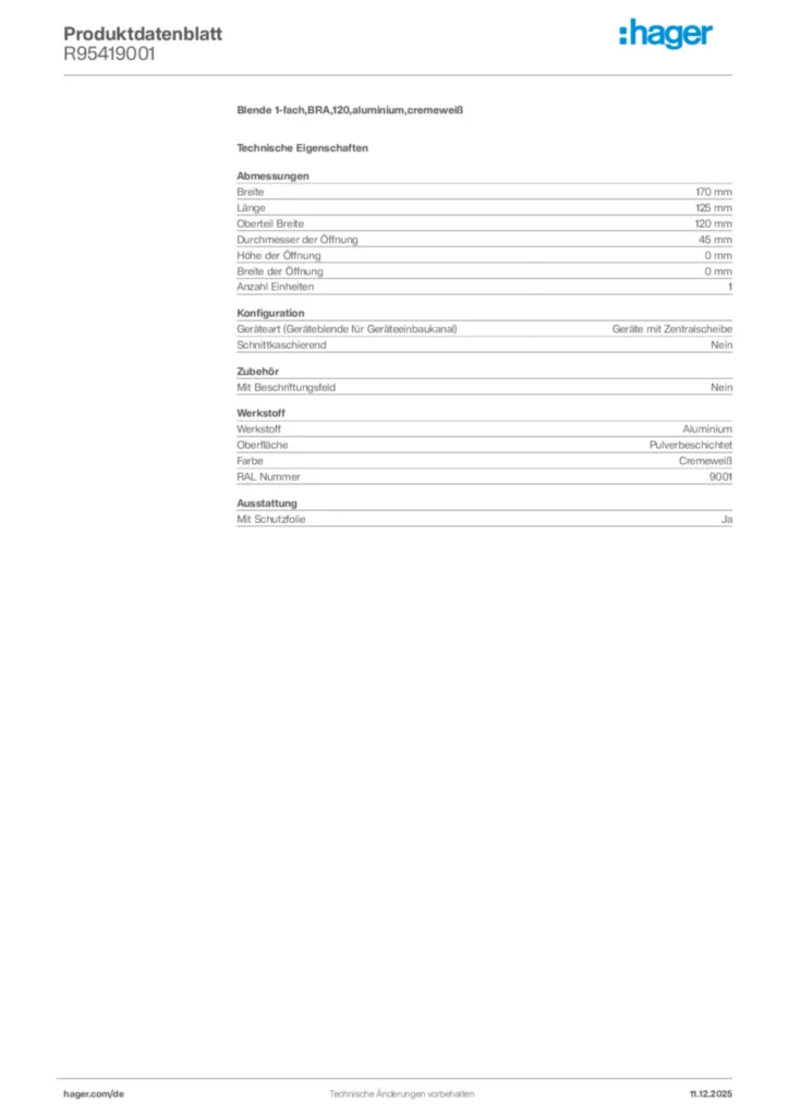 Bild Hager Produktdatenblatt R95419001 | Hager Deutschland