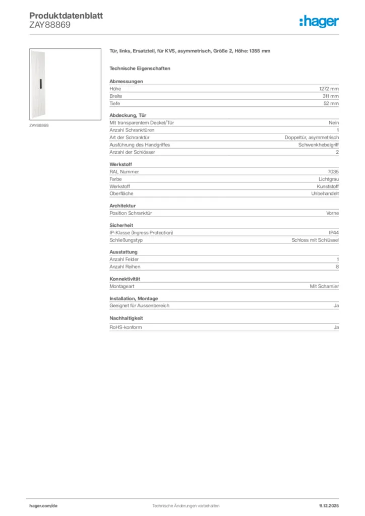 Bild Hager Produktdatenblatt ZAY88869 | Hager Deutschland