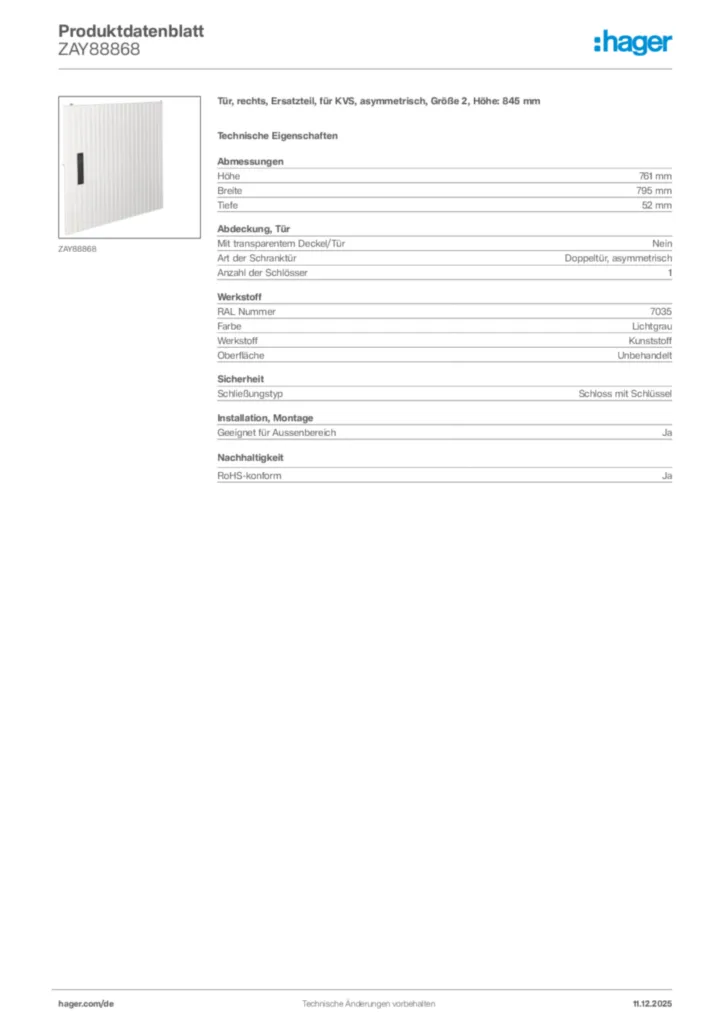 Bild Hager Produktdatenblatt ZAY88868 | Hager Deutschland