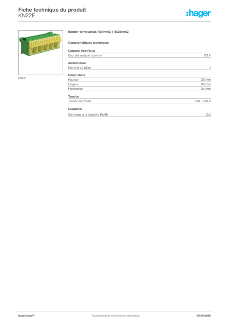 Image Hager Fiche technique du produit KN22E | Hager France