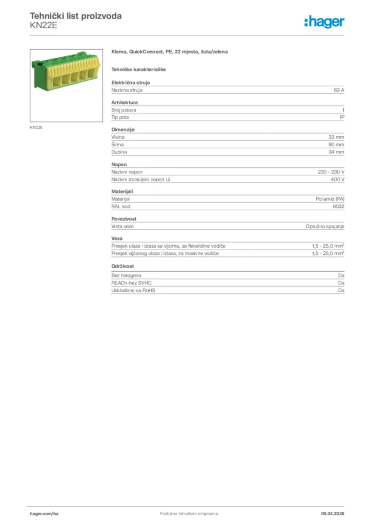 Slika Hager Tehnički list proizvoda KN22E  | Hager