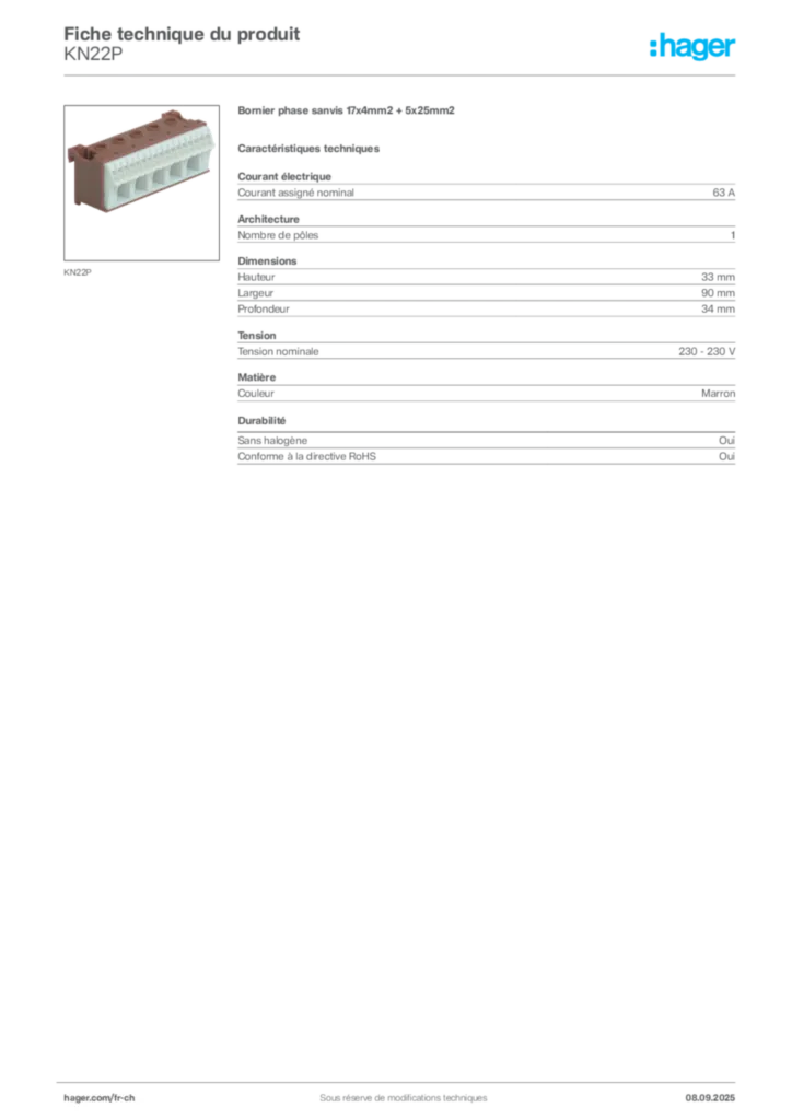 Image Hager Fiche technique du produit KN22P | Hager Suisse