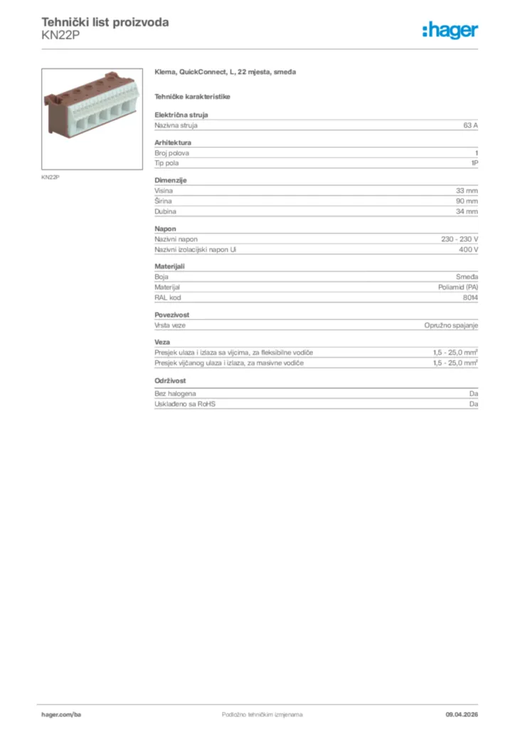 Slika Hager Tehnički list proizvoda KN22P  | Hager