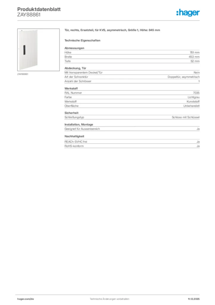 Bild Hager Produktdatenblatt ZAY88861 | Hager Deutschland