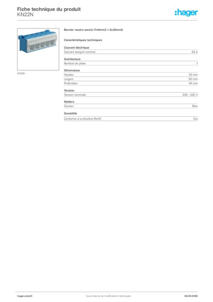 Image Hager Fiche technique du produit KN22N | Hager France