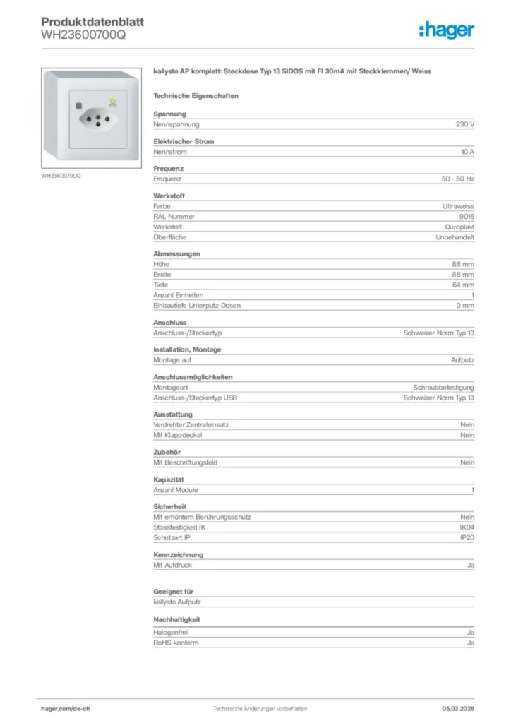 Bild Hager Produktdatenblatt WH23600700Q | Hager Schweiz