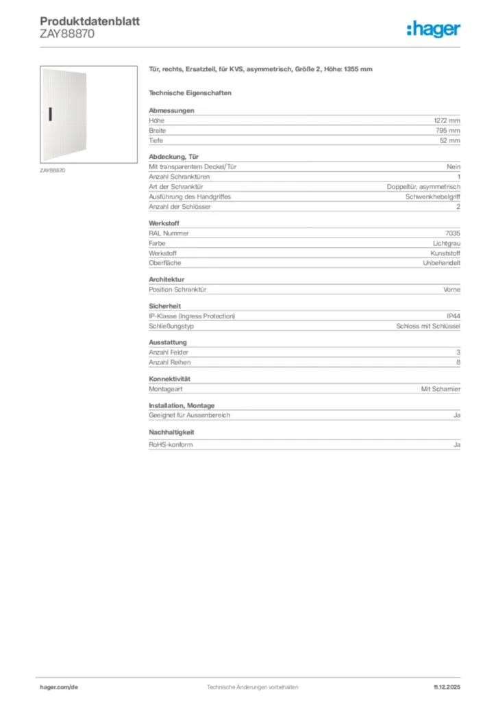Bild Hager Produktdatenblatt ZAY88870 | Hager Deutschland