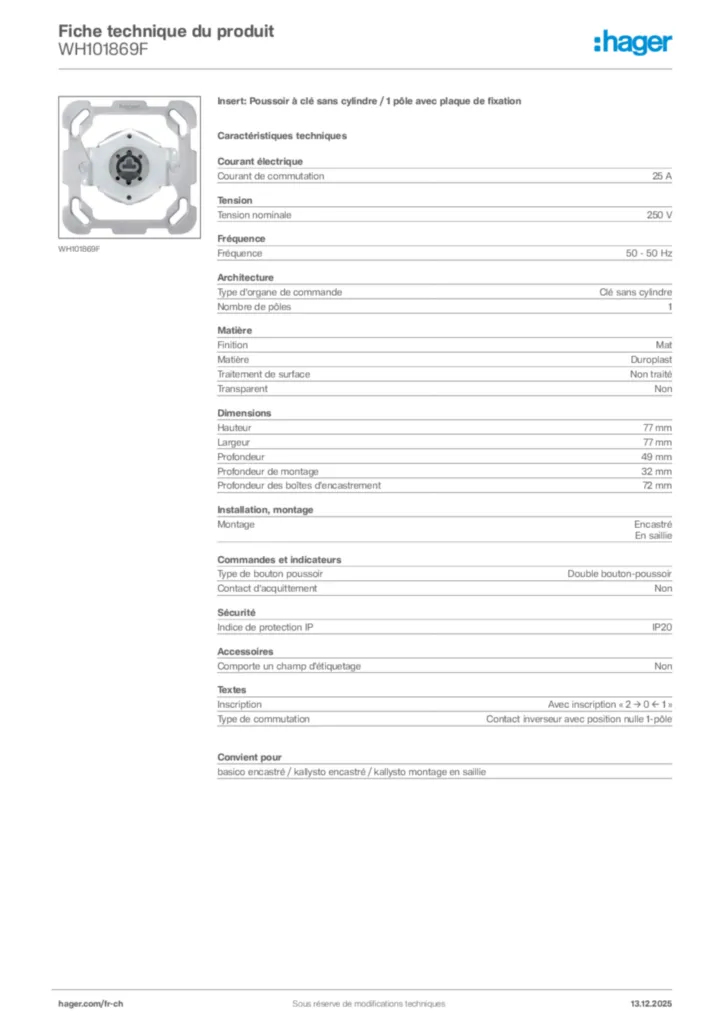 Image Hager Fiche technique du produit WH101869F | Hager Suisse