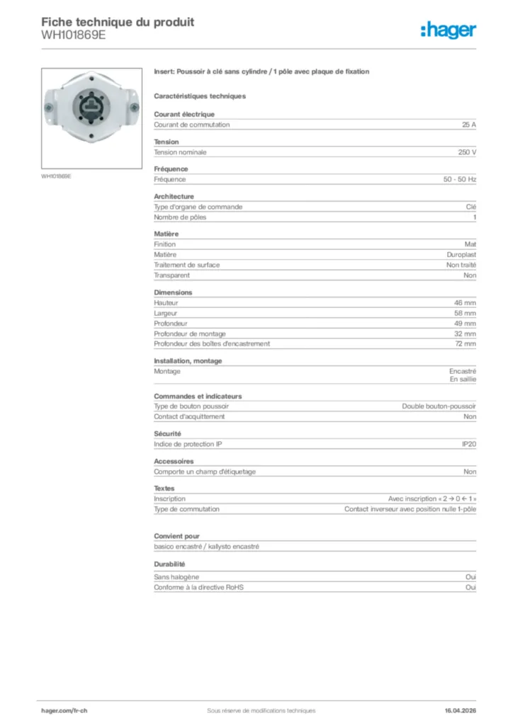 Image Hager Fiche technique du produit WH101869E | Hager Suisse