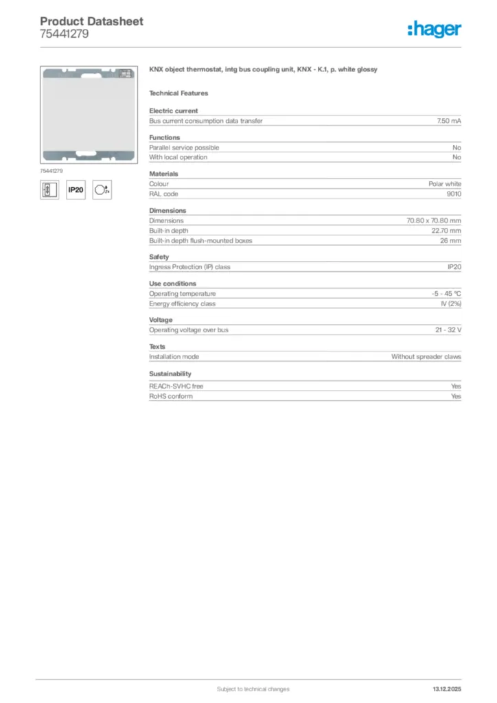 Image Hager Product data sheet 75441279  | Hager