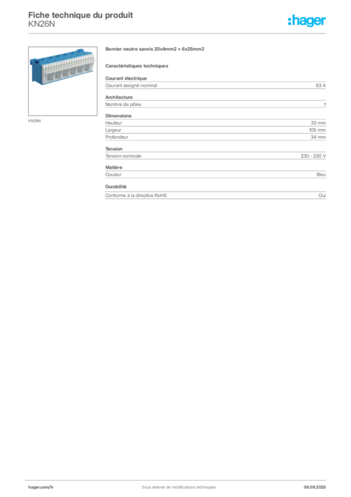 Image Hager Fiche technique du produit KN26N | Hager France