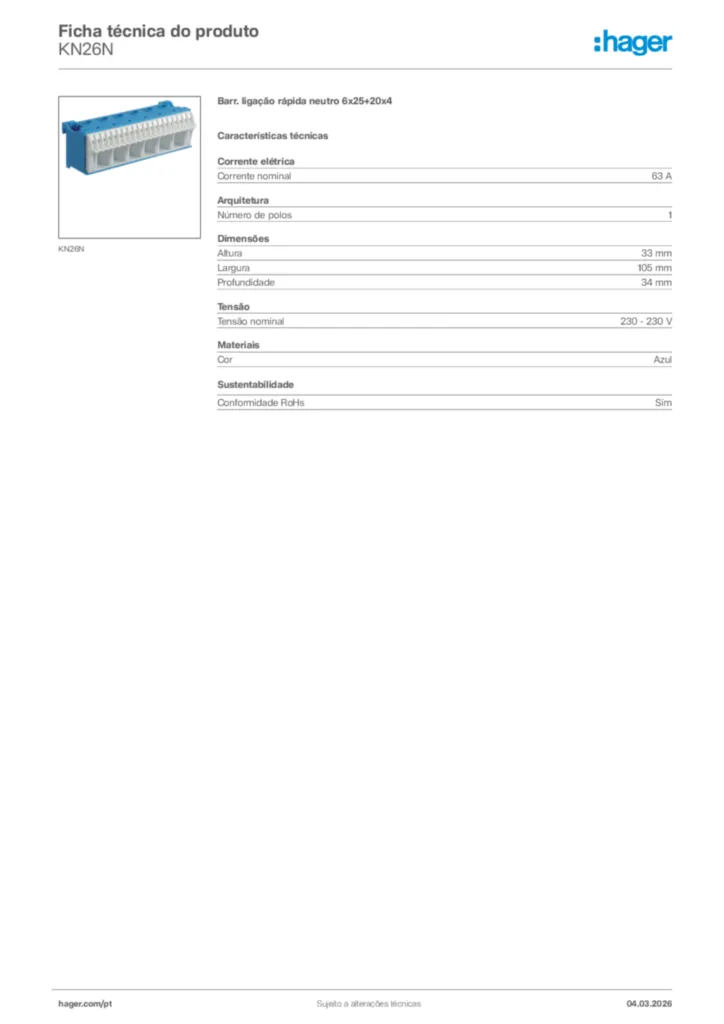 Imagem Hager Ficha técnica do produto KN26N | Hager Portugal